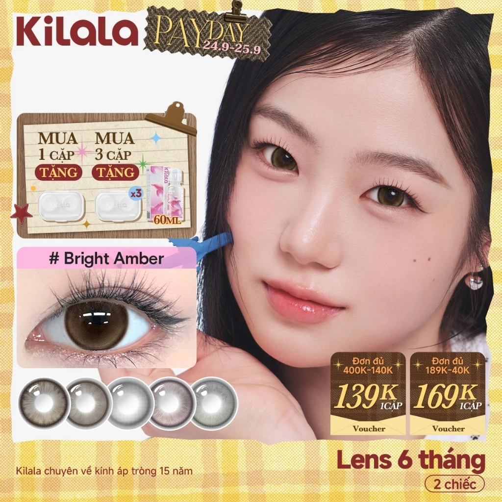 Kính áp tròng Kilala màu nâu CozyHazel/BrightAmber/MysticGrey/RosyPink  lens cận 6 tháng DIA 14.2mm có độ (0-7) 1 cặp