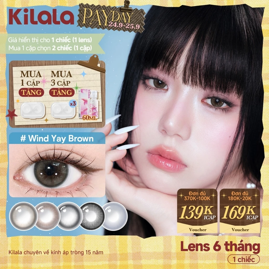 Kính áp tròng màu Kilala - Nâu Wind Yay Brown/ Xám Pearly Grey/ Đen Psychedelic Black lens cận 6 tháng DIA 14.2mm có độ (0-7)  Ocean Pearl Collection[Giá 1 chiếc lens ]