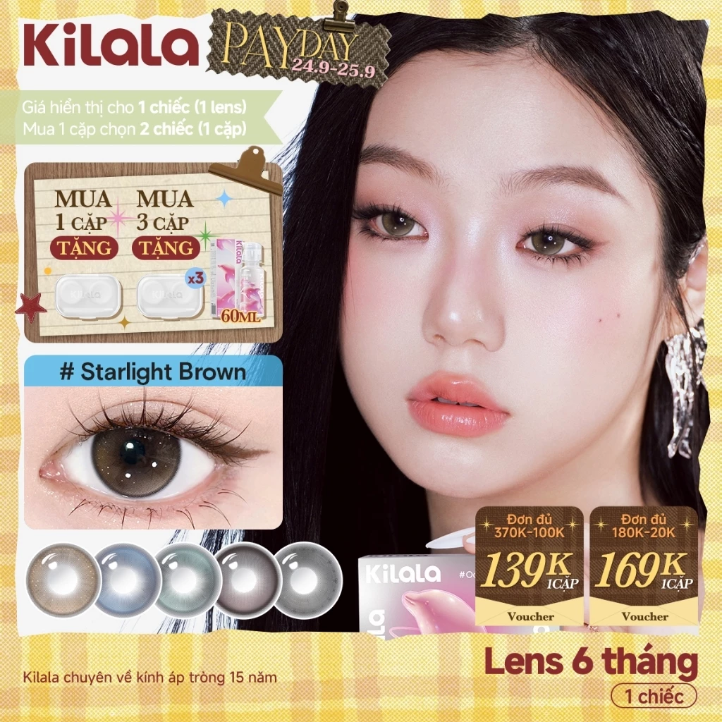 Kính áp tròng Kilala màu nâu Starlight Brown/ màu xanh Icy Blue  DIA  14.2mm lens cận 6 tháng có độ 0-7  [Giá 1 chiếc lens ]