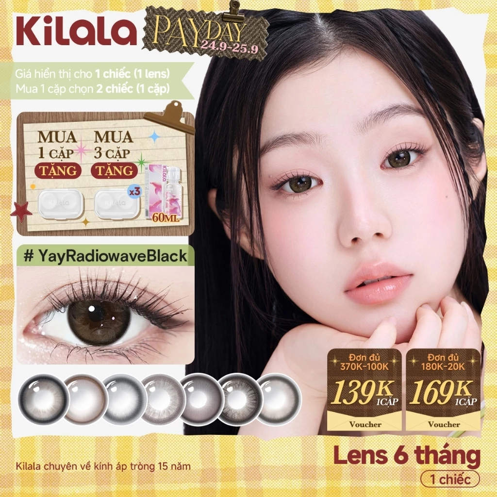 [ 1 chiếc lens ] Kính áp tròng Kilala màu nâu Yay Radiowave Black/Wild Fruit Brown/Sakura Pink lens cận 6 tháng DIA 14.2-14.5mm có độ (0-7)