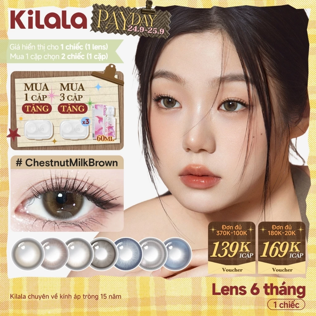 Kính áp tròng màu Kilala  Nâu ChestnutMilkBrown/Icy Blue/ Đen Psychedelic Black lens cận 6 tháng DIA 14.2-14.5mm có độ (0-7)[Giá 1 chiếc lens ]