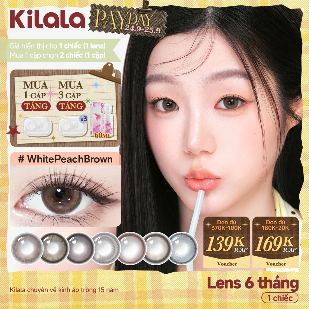 Kính áp tròng màu Kilala Nâu Bailey Brown/Sakura Pink/Yay Radiowave Black lens cận 6 tháng DIA 14.2-14.5mm có độ (0-4)[Giá 1 chiếc lens ]
