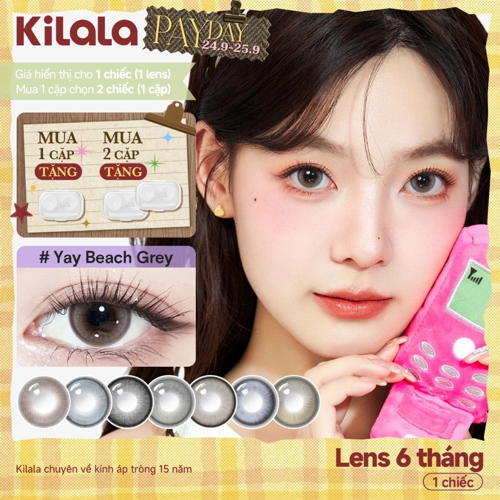 Kính áp tròng Kilala màu nâu Yay Beach Grey  Charming Blue  cận 6 tháng DIA 14.0-14.5mm có độ (0-7) [Giá 1 chiếc lens ]