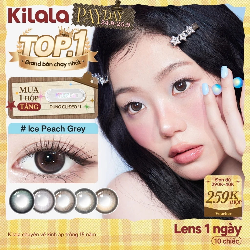 10 chiếc Kính áp tròng Kilala lens 1 ngày màu xám Ice Peach Grey / Ice Oolong Brown/Raw Coconut Grey  DIA 14.5mm 14.2mm 14.0 mmcó độ (0-8)