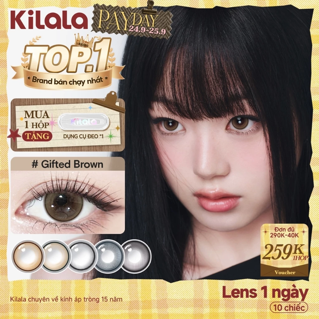 10 chiếc Kính áp tròng Kilala lens 1 ngày màu nâu Top Heroine Purple/Film Girl Blue/Gifted Grey/Gifted Brown/Galaxy Theater Grey/  Genius Brown DIA 14.0mm-14.5mm có độ (0-7)