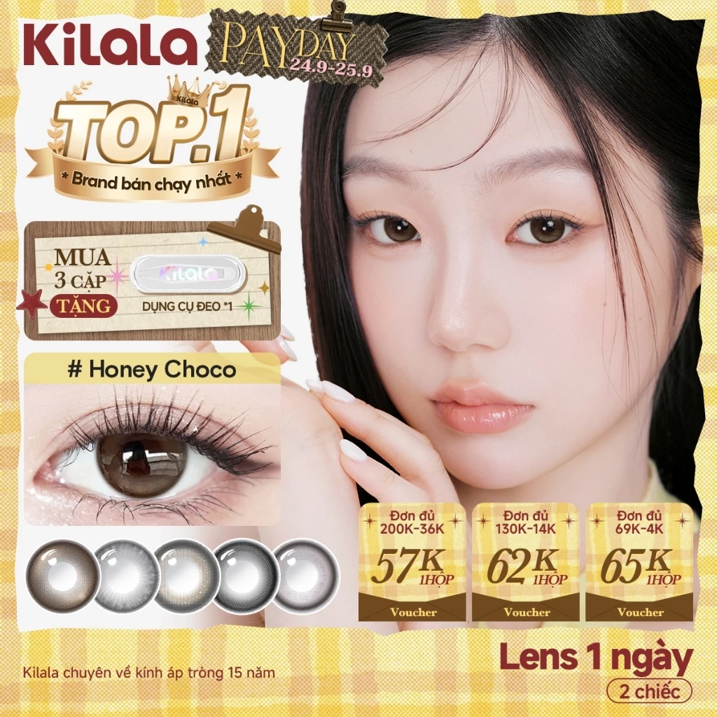 Kính áp tròng Kilala lens 1 ngày màu xám  DIA 14.0mm 14.2mm 14.5mm và màu xám Ice Oolong Brown,Ice Peach Grey,Honey Choco,Felinae Grey, Cold water Black lens cận 1 ngày có độ (0-7) 2 chiếc