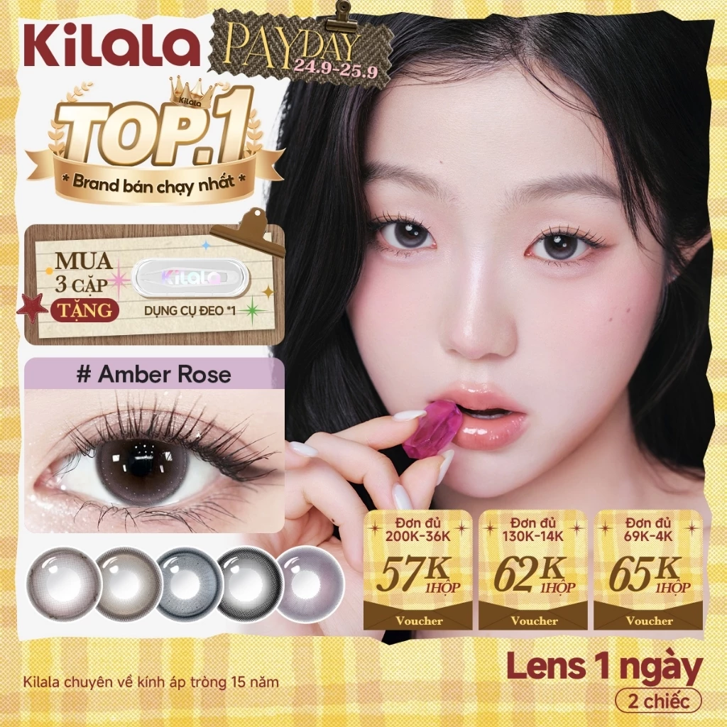 Kính áp tròng Kilala lens 1 ngày màu xám  DIA 14.0mm 14.2mm 14.5mm Chestnut Milk Brown,Cold water Black,Filmgirl Blue, Heroine Purple và màu xám  lens cận  có độ (0-7) 2 chiếc
