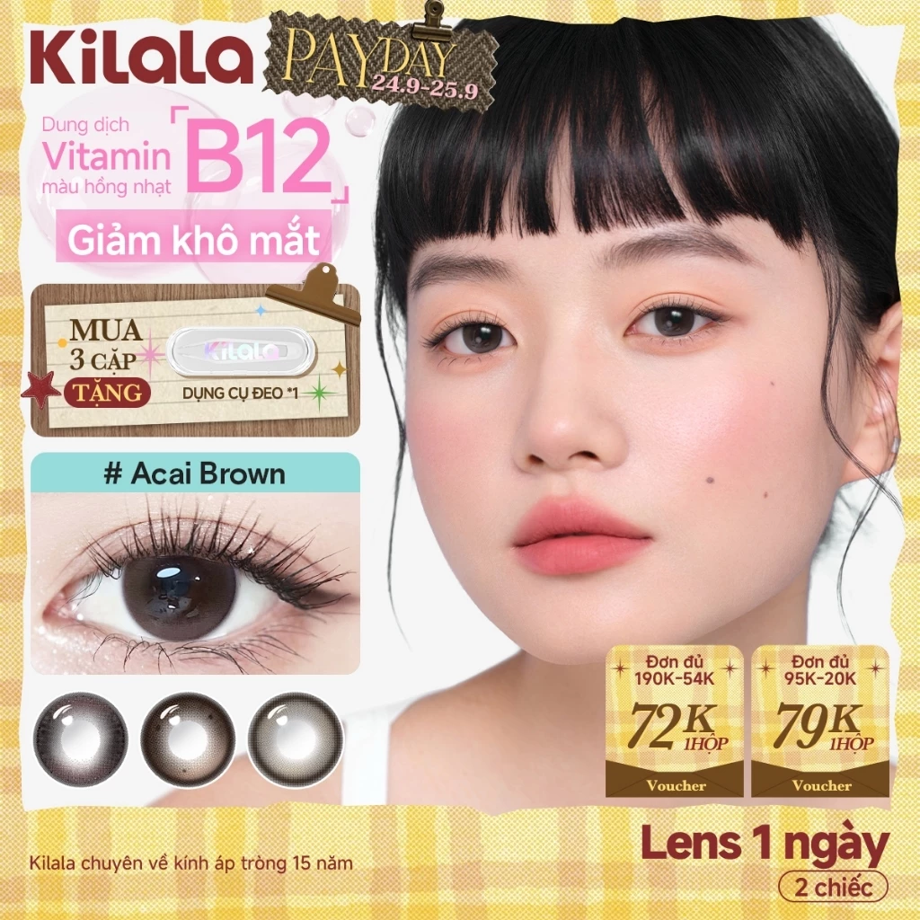 Kính áp tròng Kilala lens 1 ngày màu xám  DIA 14.2mm Acai Brown/ Coconut Grey lens cận có độ ( 0-7 ) chất liệu Silicone Hydrogel [ 2 chiếc ]