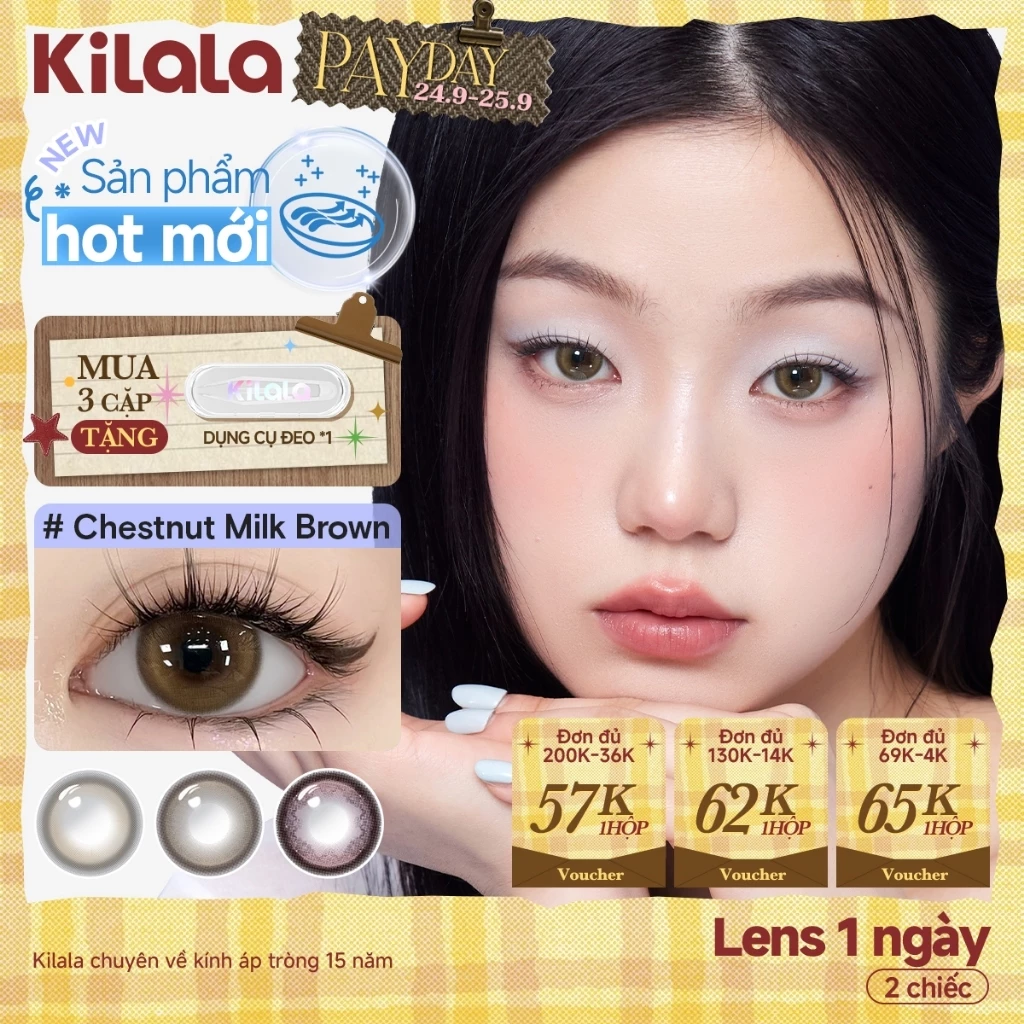 Kính áp tròng Kilala lens 1 ngày màu xám  DIA 14.5mmChestnut Milk Brown/OatMilk Grey lens cận có độ ( 0-7 ) [ 2 chiếc ]