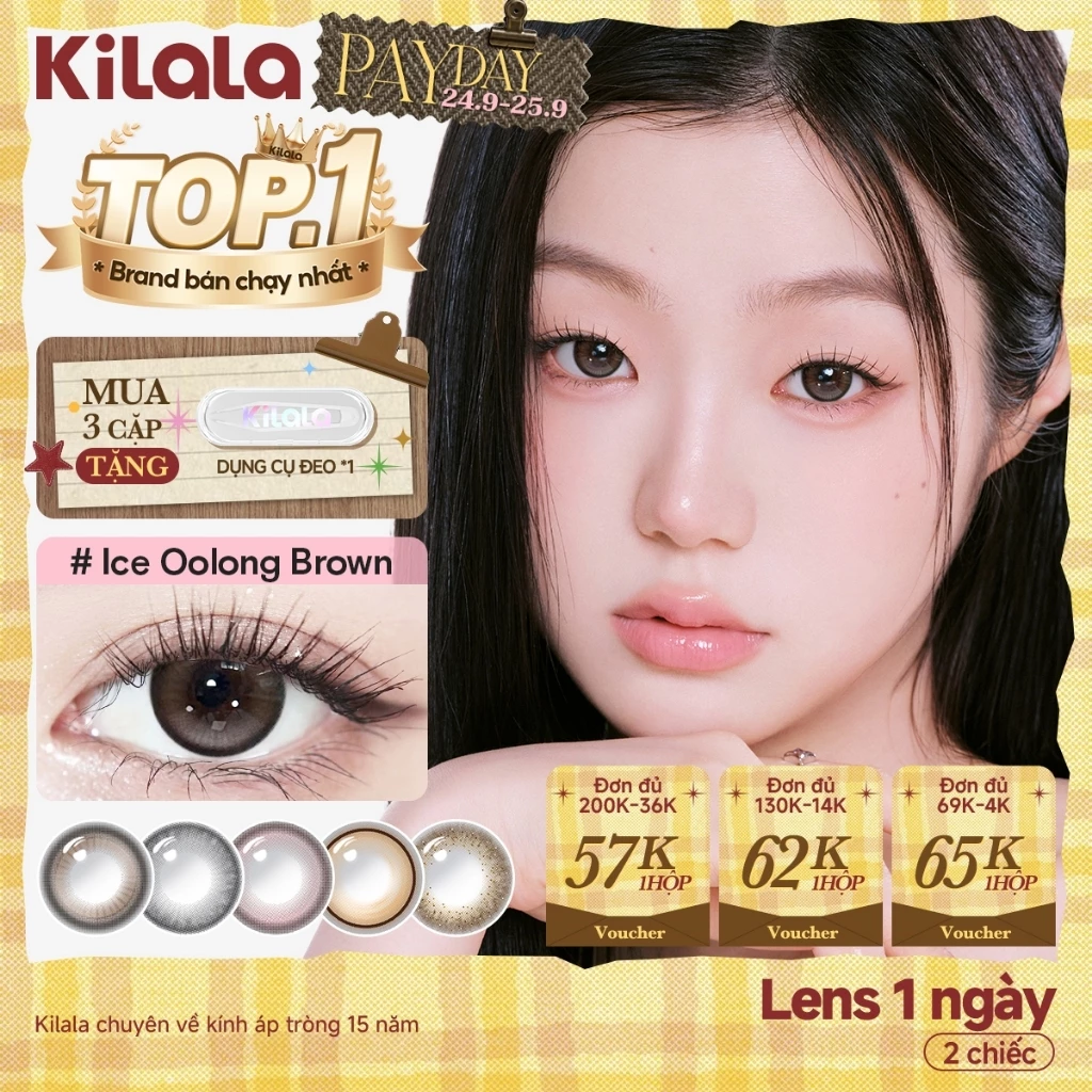 Kính áp tròng Kilala lens 1 ngày màu xám（ DIA 14.0-14.5mm） Supermodel Browm/Ice Oolong Brown  và màu xám lens cận có độ (0-4) 2 chiếc
