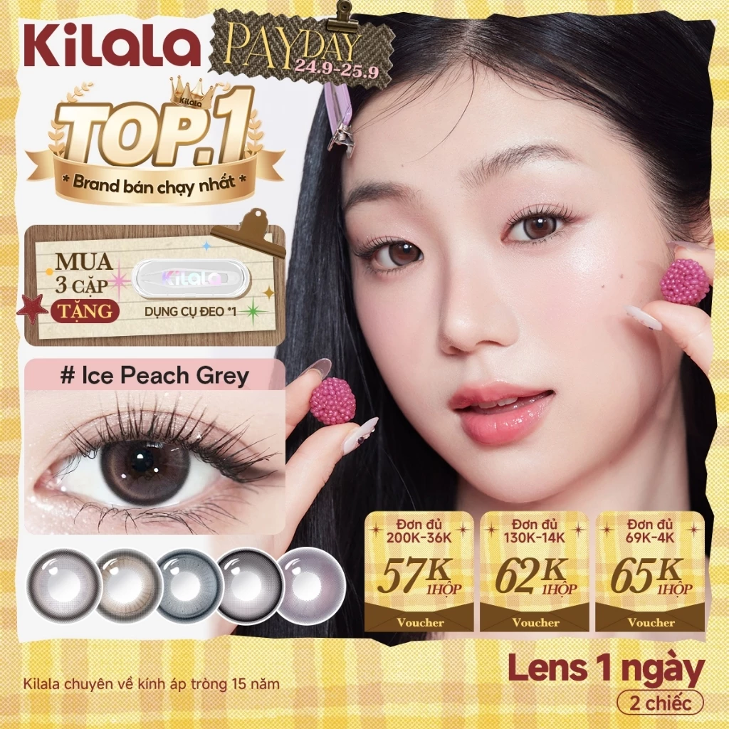 Kính áp tròng Kilala lens 1 ngày màu xám DIA 14.2-14.5mm Honey Choco/Amber Rose​/OatMilk Grey  và màu xám lens cận có độ (0-4) 2 chiếc