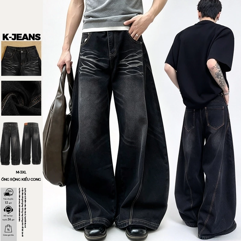 Quần jean nam nữ dáng lưỡi kiếm wash cũ màu đen, họa tiết râu mèo độc đáo, đường may tương phản, dáng rộng bay unisex, quần dài phong cách streetwear cleanfit, chất vải bền có độ rũ, phối đồ thời trang hàng ngày