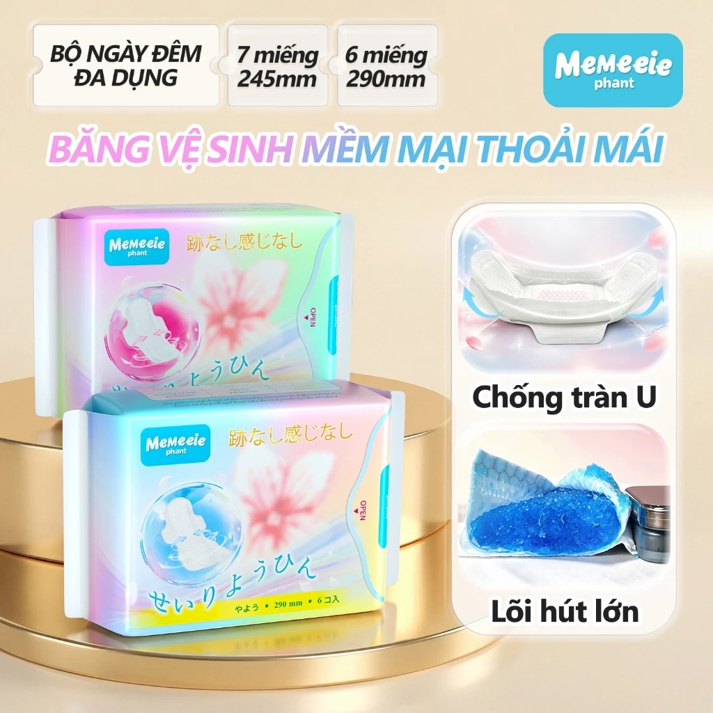 Băng vệ sinh Memeeie mát lạnh mềm mại bề mặt bông, thấm hút nhanh chống tràn 360°, size 245mm ban ngày 290mm ban đêm, combo ngày đêm nhiều lựa chọn