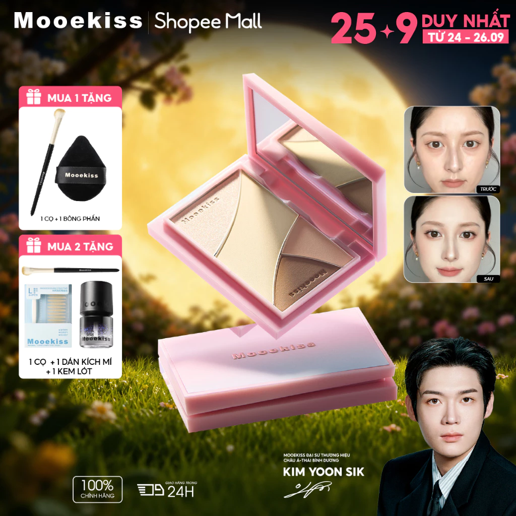 Bảng Tạo Khối Mooekiss 3 Màu 9g, Contour & Highlight, Tạo Sống Mũi, Dễ Tán, Tự Nhiên [KIM YOON SIK]