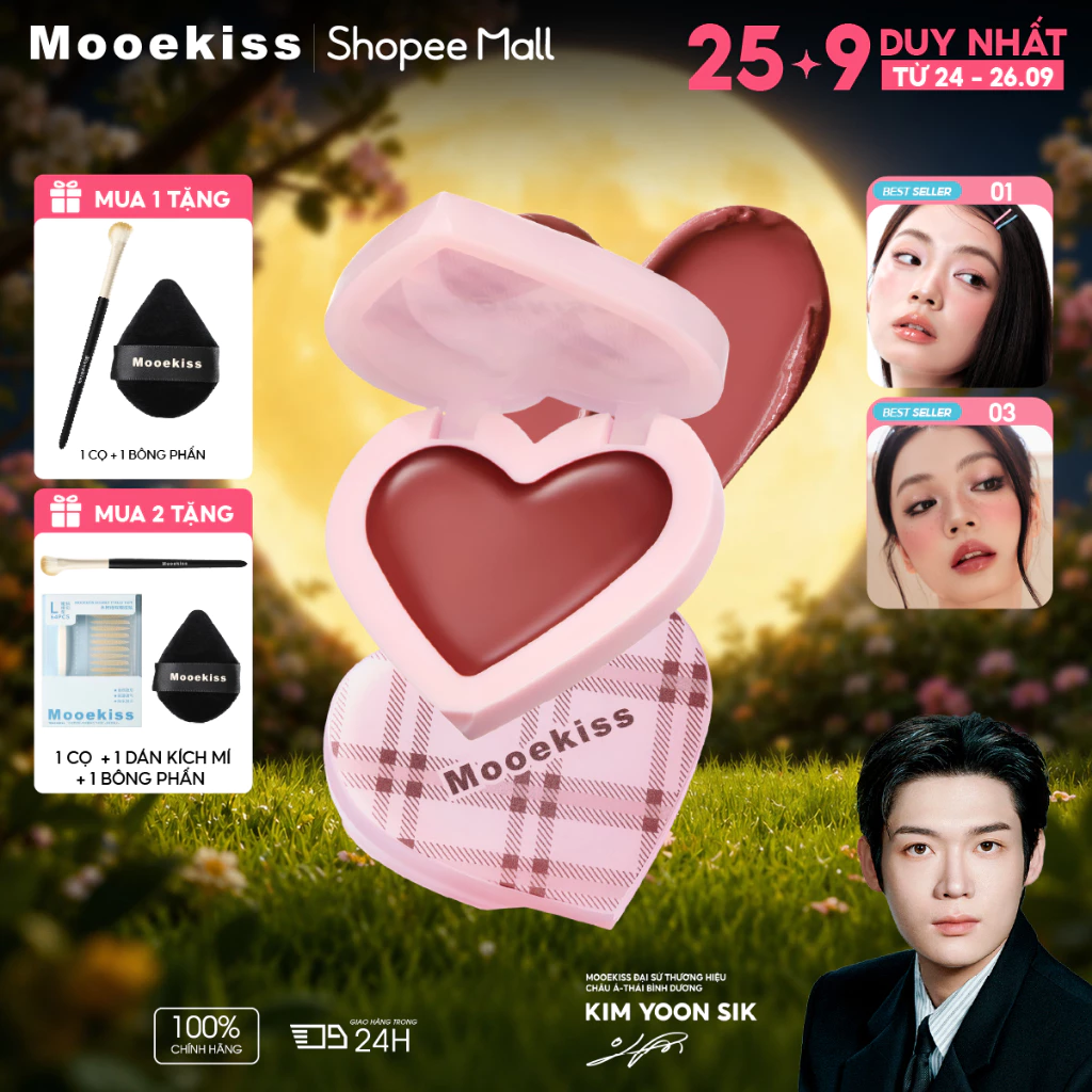 Kem má hồng bột đơn sắc Mooekiss love, bột đào, màu mở rộng, làm trắng da ba chiều và mỹ phẩm
