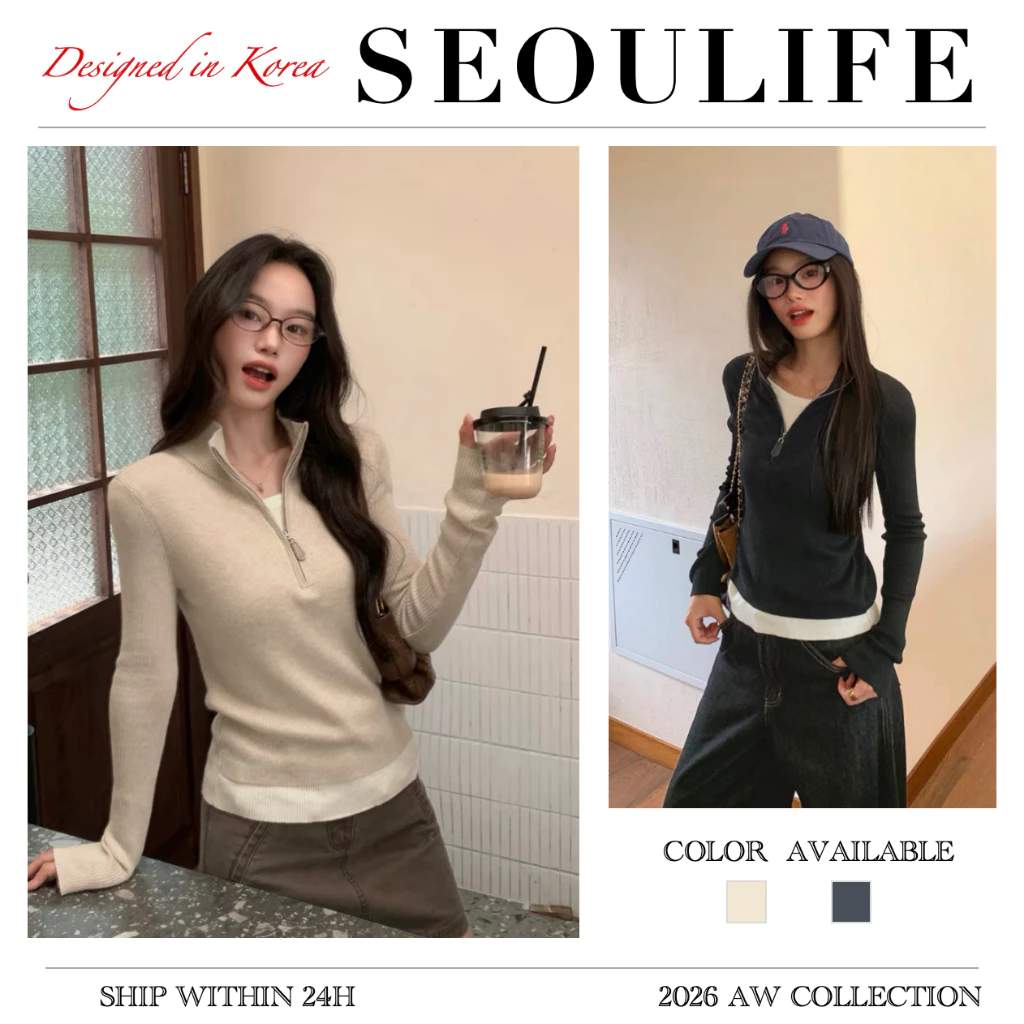 SEOULIFE | Mùa Thu Đông 2026 Hàn Quốc Cũ Phong Cách Tiền Mock Cổ Nửa-Zip Đan Áo Len cardigan, Giảm Béo Đa Năng & Sáng Tác Dụng, Mềm Mại, Thoải Mái & Ấm Áp, Xám Yến Mạch