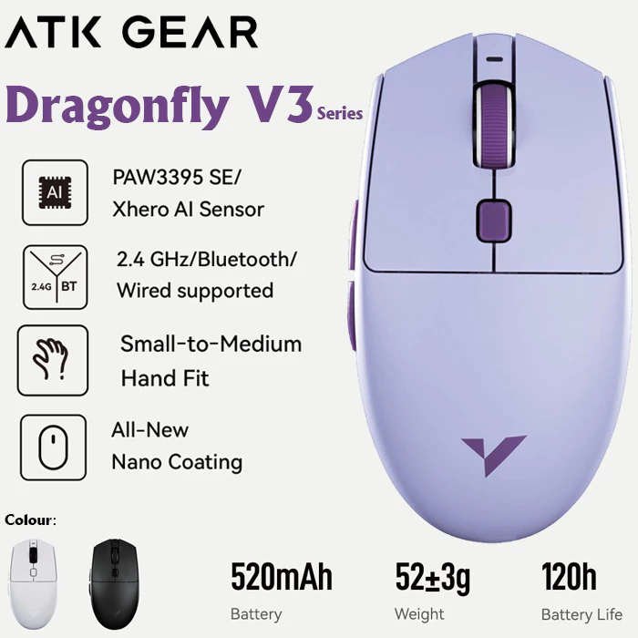 ATKGEAR Dragonfly V3 Series Chuột không dây nhẹ Bluetooth đáng tin cậy im lặng