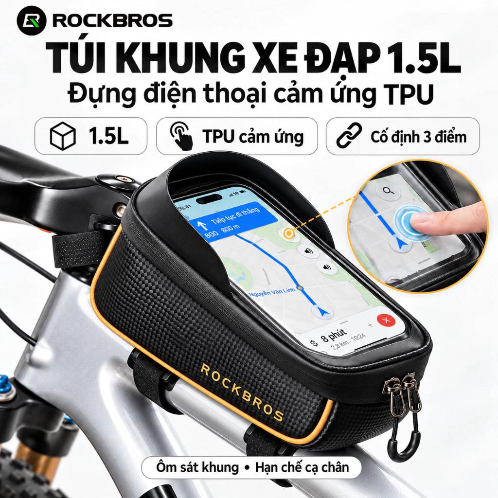 【Chính hãng】ROCKBROS Túi Khung Xe Đạp 1.5L Đựng Điện Thoại Cảm Ứng TPU Chống Nước PU+EVA Dáng Cứng Cố Định 3 Điểm Không Cạ Chân Cho Road MTB