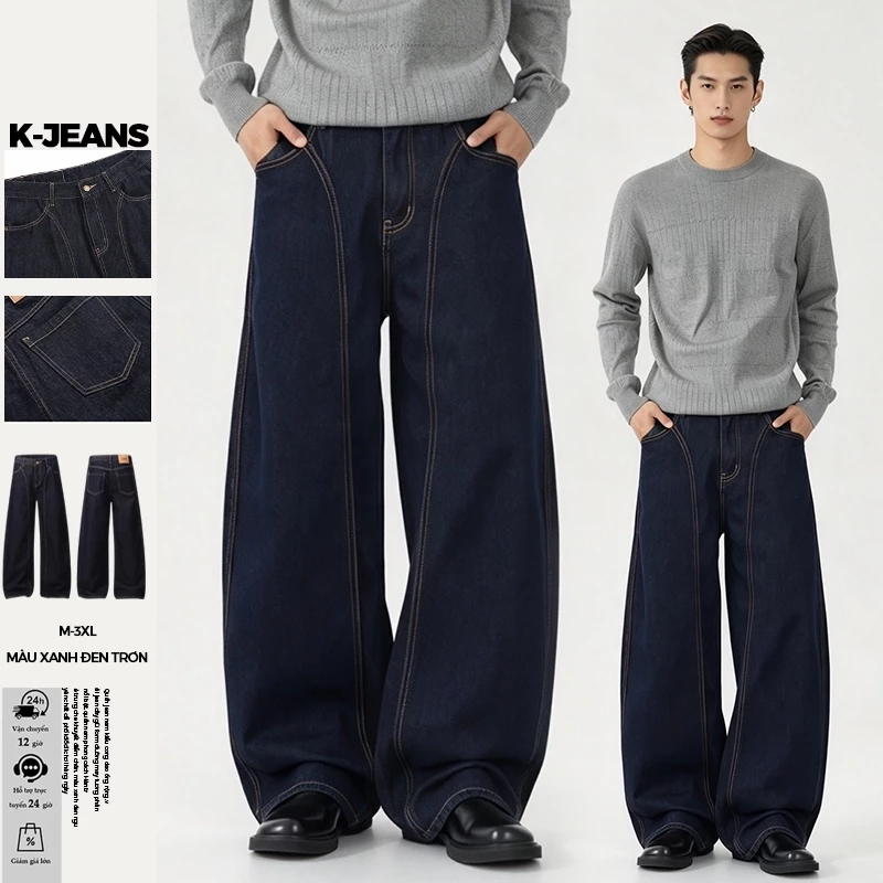 Quần jean nam kiểu cong dao ống rộng, vải jean dày giữ form, đường may tương phản nổi bật, quần nam phong cách Hàn trẻ trung che khuyết điểm chân, màu xanh đen nguyên chất dễ phối đồ đi chơi hàng ngày
