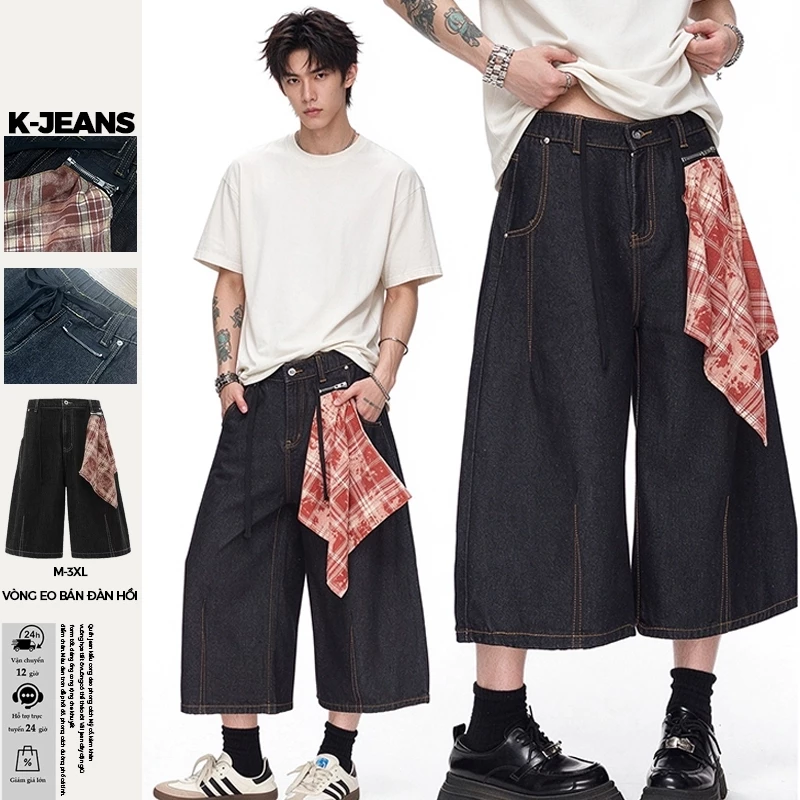 Quần short jean unisex nam nữ ống rộng, kèm khăn vuông họa tiết ô vuông tháo rời được, vải jean dày giữ form, đường may tương phản nổi bật, dáng rộng che khuyết điểm đùi, phong cách đường phố cá tính dễ phối đồ hàng ngày