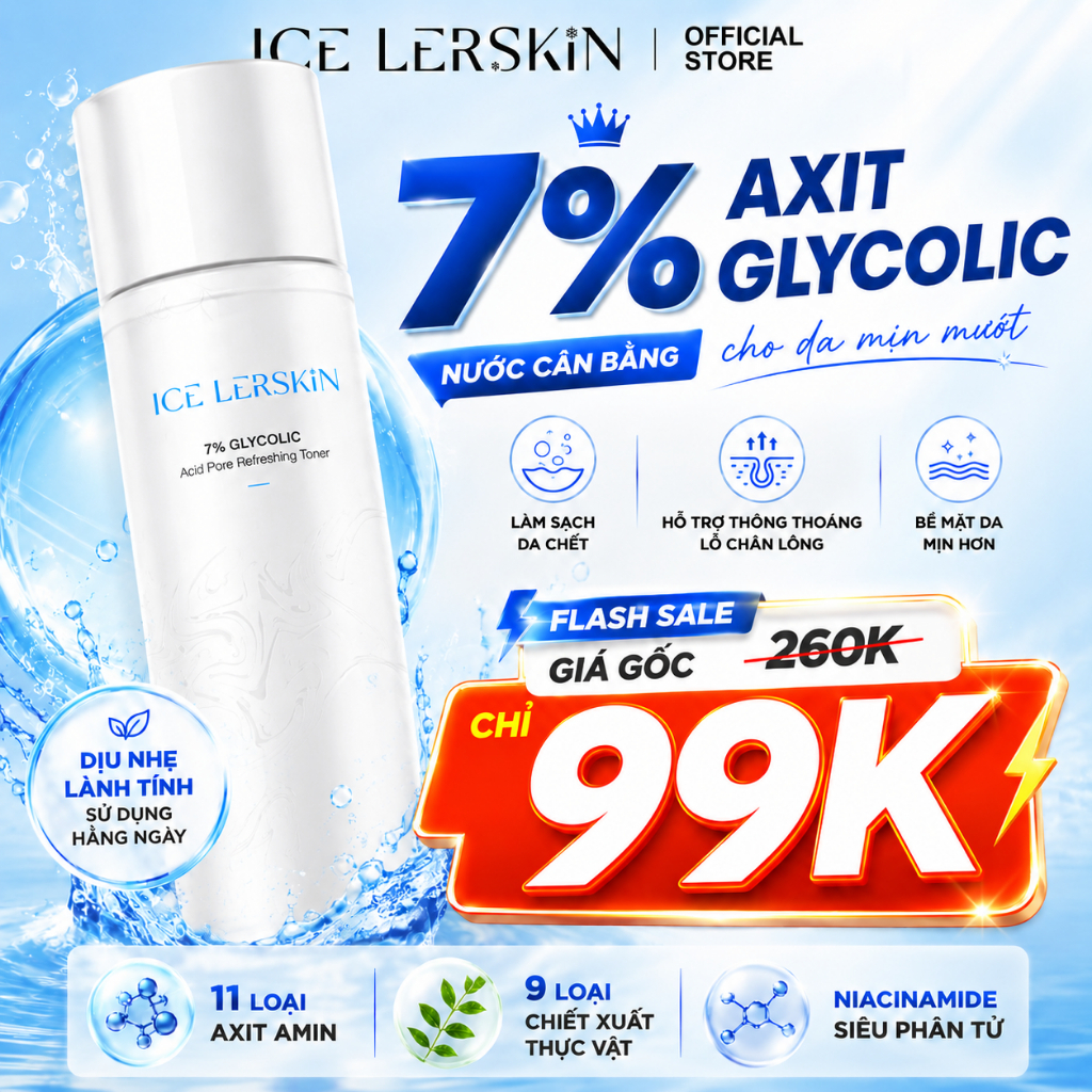 ICE LERSKIN Toner 7% Glycolic Acid 200ml Nước Cân Bằng AHA Làm Sạch Da Chết…