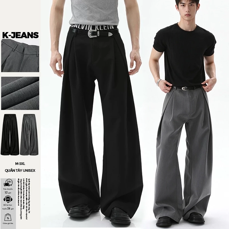 K-JEANS Quần Tây Nam Ống Rộng Dập Nếp 3D Unisex Che Chân Dáng Form Suông Dài Che Chân Dáng Thời Trang Casual Đi Làm Đi Chơi Có COD, cao eo rộng có độ rũ chạm sàn hàng ngày