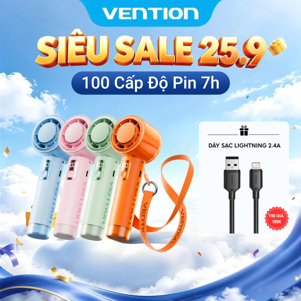 【Lực Gió Cực Mạnh】 Vention  Quạt Cầm Tay Mini – 100 Tốc Độ-Màn hình hiển thị số LED– Pin Trâu 8 Tiếng – Gập Gọn Đeo Cổ – Dành Cho Học Sinh, Dân Văn Phòng, Thể Thao Ngoài Trời