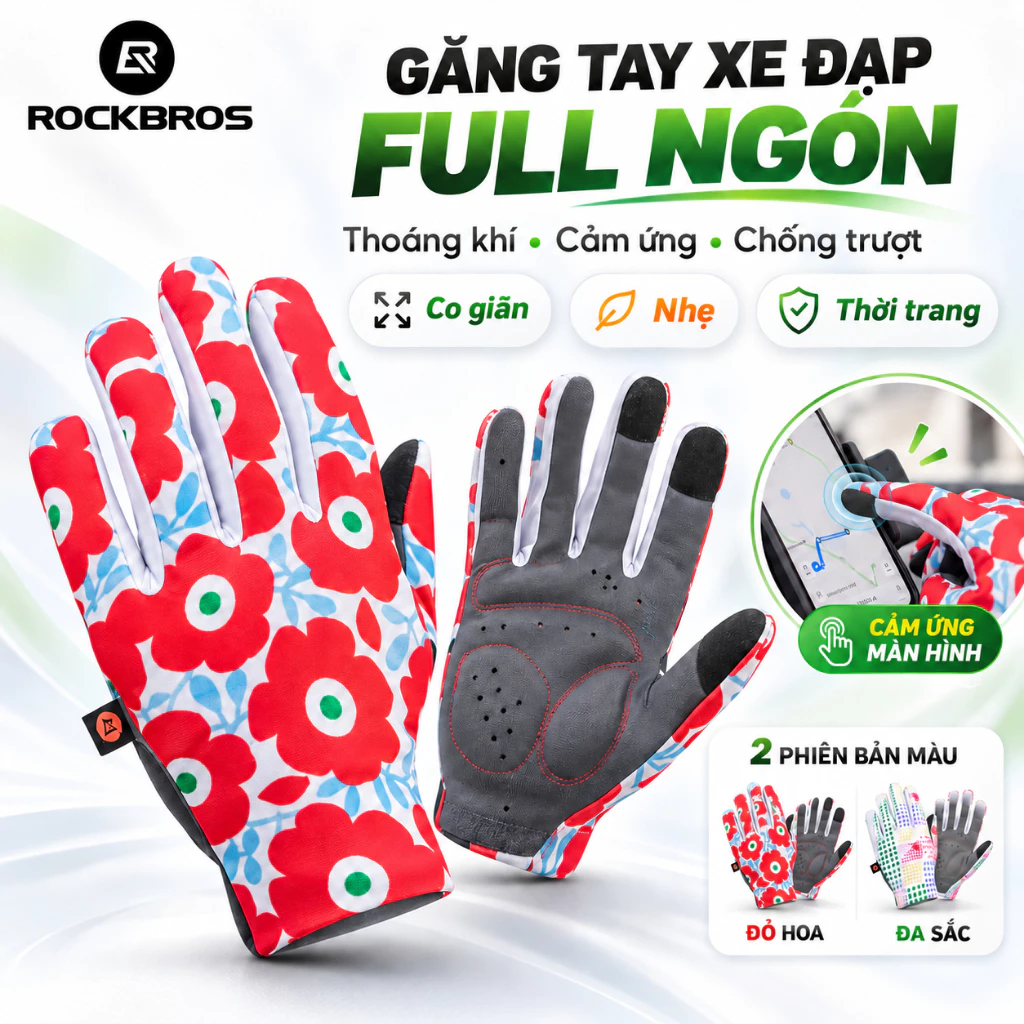 【Chính hãng】ROCKBROS Găng Tay Xe Đạp Full Ngón Cảm Ứng Chống Trượt Thoáng Khí Giảm Chấn Co Giãn Nhẹ Thời Trang Cho Road MTB Đi Đường Dài Thể Thao