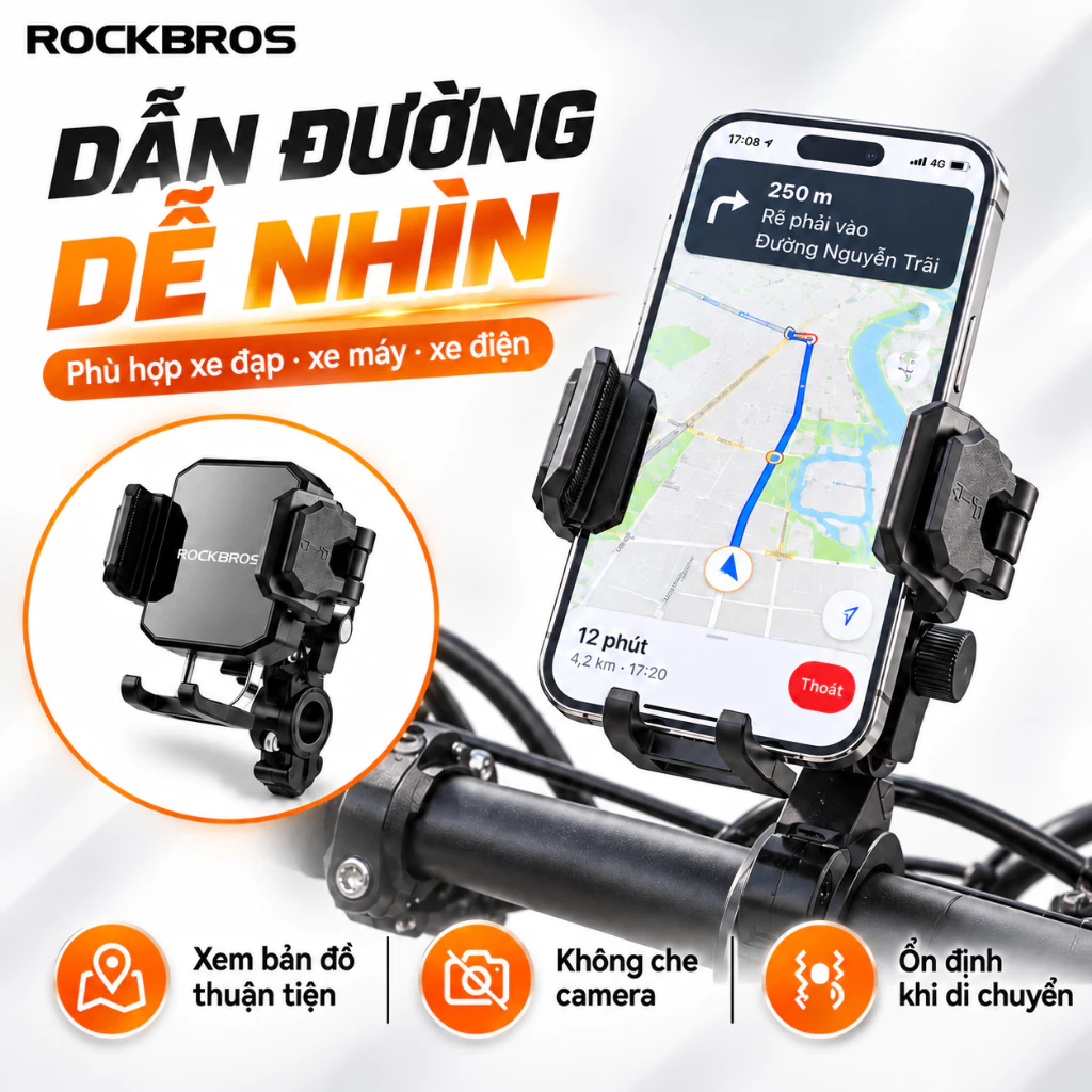 【Giao hàng 3 ngày】ROCKBROS Giá Đỡ Điện Thoại Xe Đạp, Giá Đỡ Điện Thoại Xe Máy Xoay 360°, Hấp Thụ Sốc Giảm Rung, Tiện Quan Sát Khi Di Chuyển
