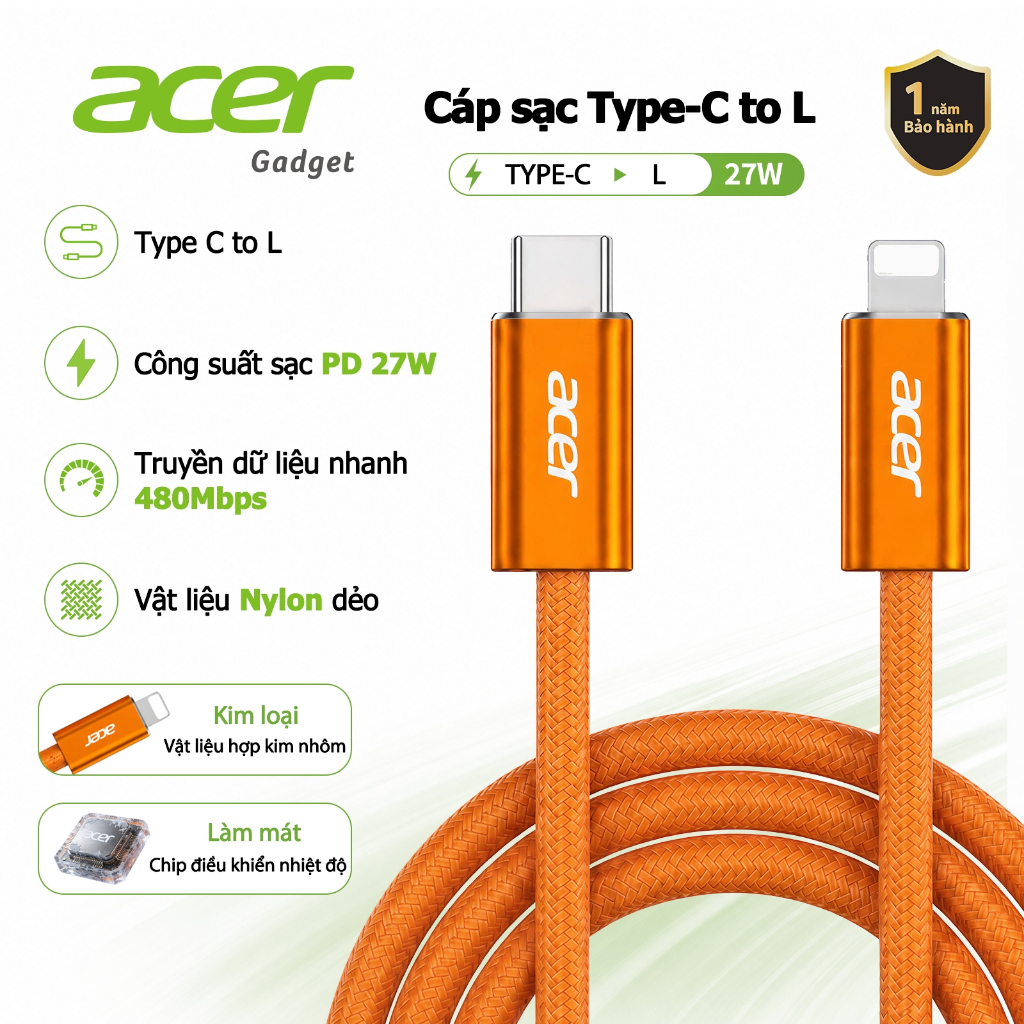 Acer Dây cáp sạc nhanh Type C sang L 27W PD Cáp USB C truyền dữ liệu cho Với…