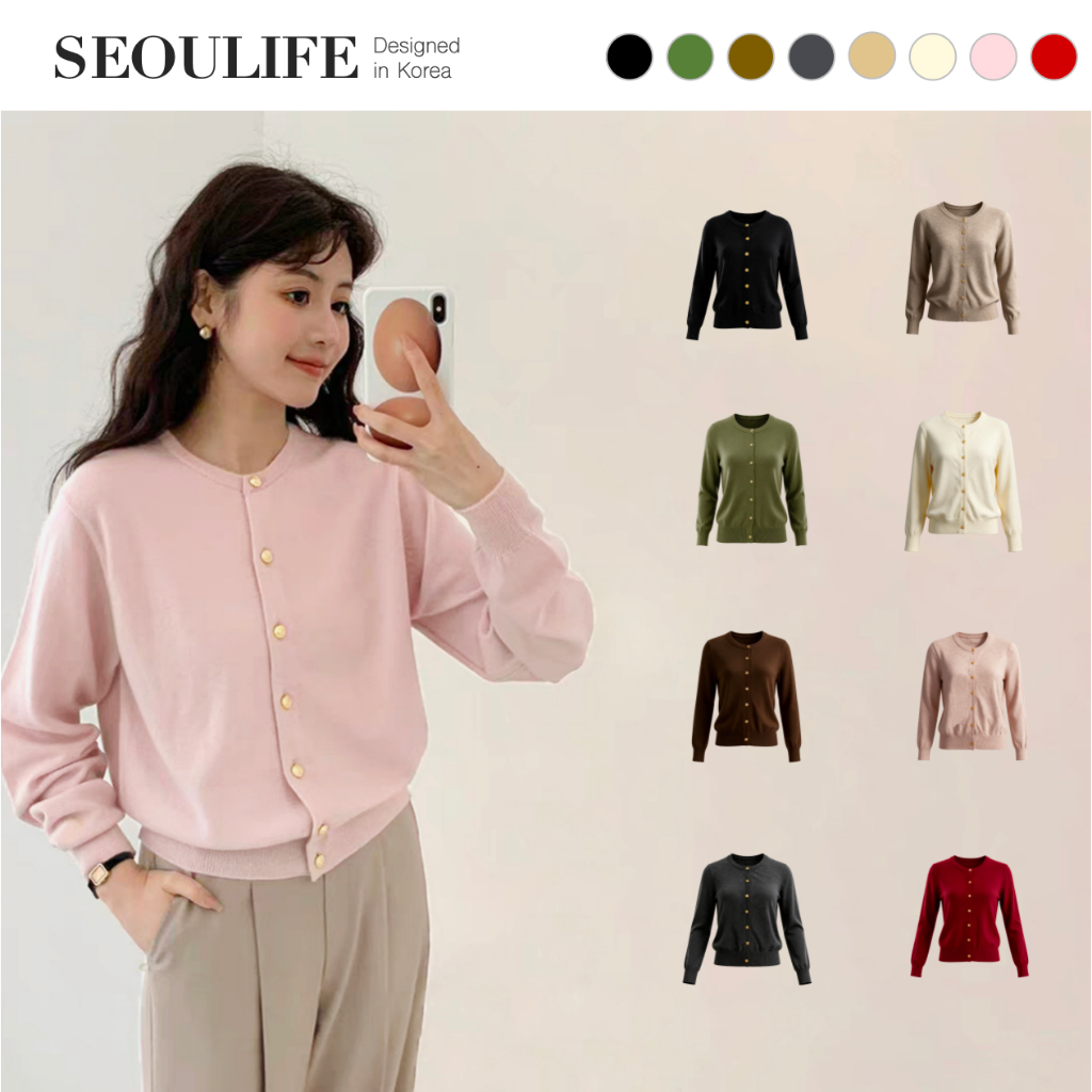 SEOULIFE Áo len dệt kim nút vàng dành cho nữ, Áo len dài tay cổ tròn, vừa vặn…