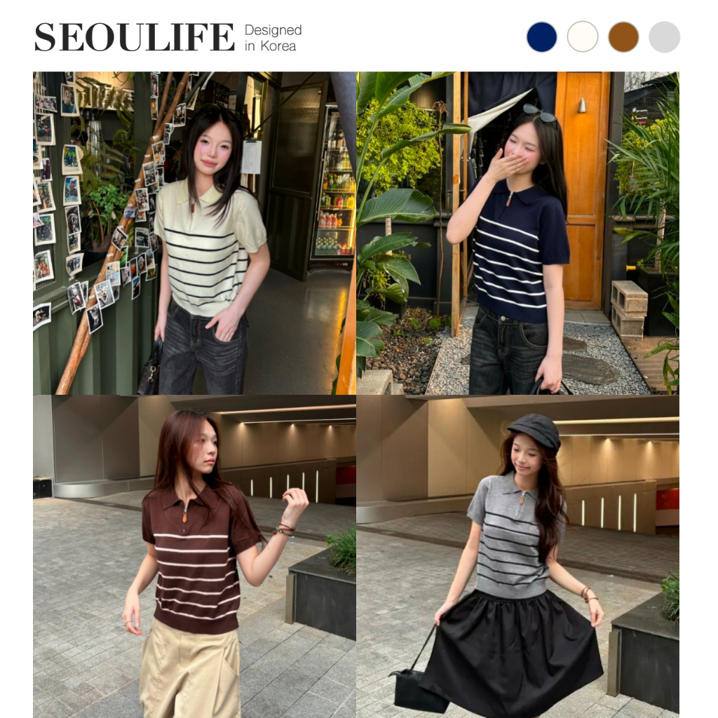 SEOULIFE Áo Thun Len Nữ Sọc Tay Ngắn Dáng Ôm Cổ Polo Khóa Kéo Phong Cách Hàn…