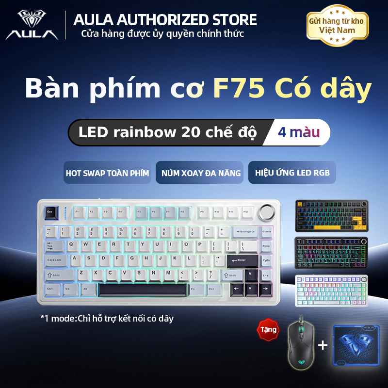 AULA F75 Bàn phím chơi game cơ học switch đỏ/xanh, 1 chế độ, kết nối có dây…