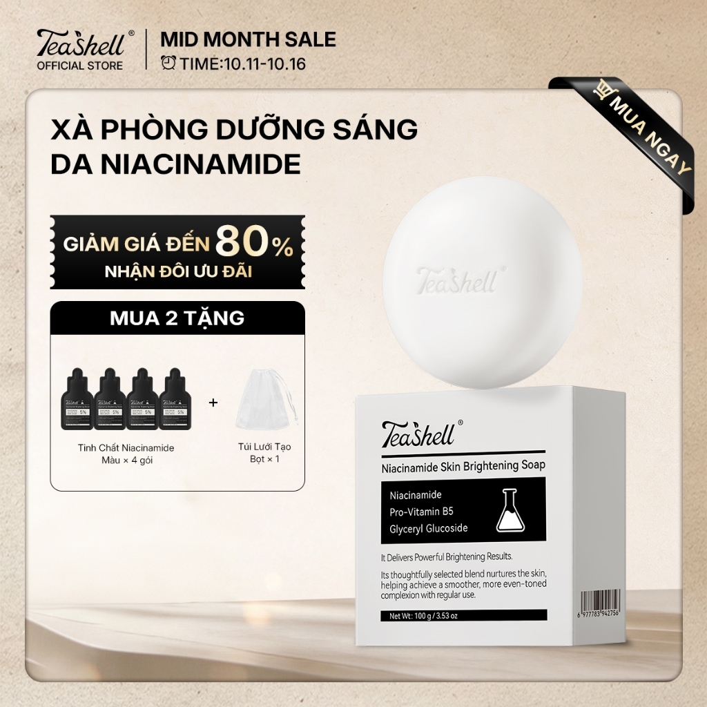 Teashell Xà phòng làm sáng da Niacinamide & Alpha-Arbutin - Làm đều màu da, mờ…