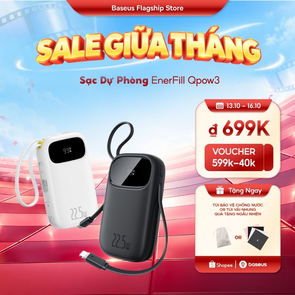 Baseus QPow3 Pin Dự Phòng Sạc Nhanh 22.5W – Màn Hình Kỹ Thuật Số, Cáp Kép, Nhỏ…