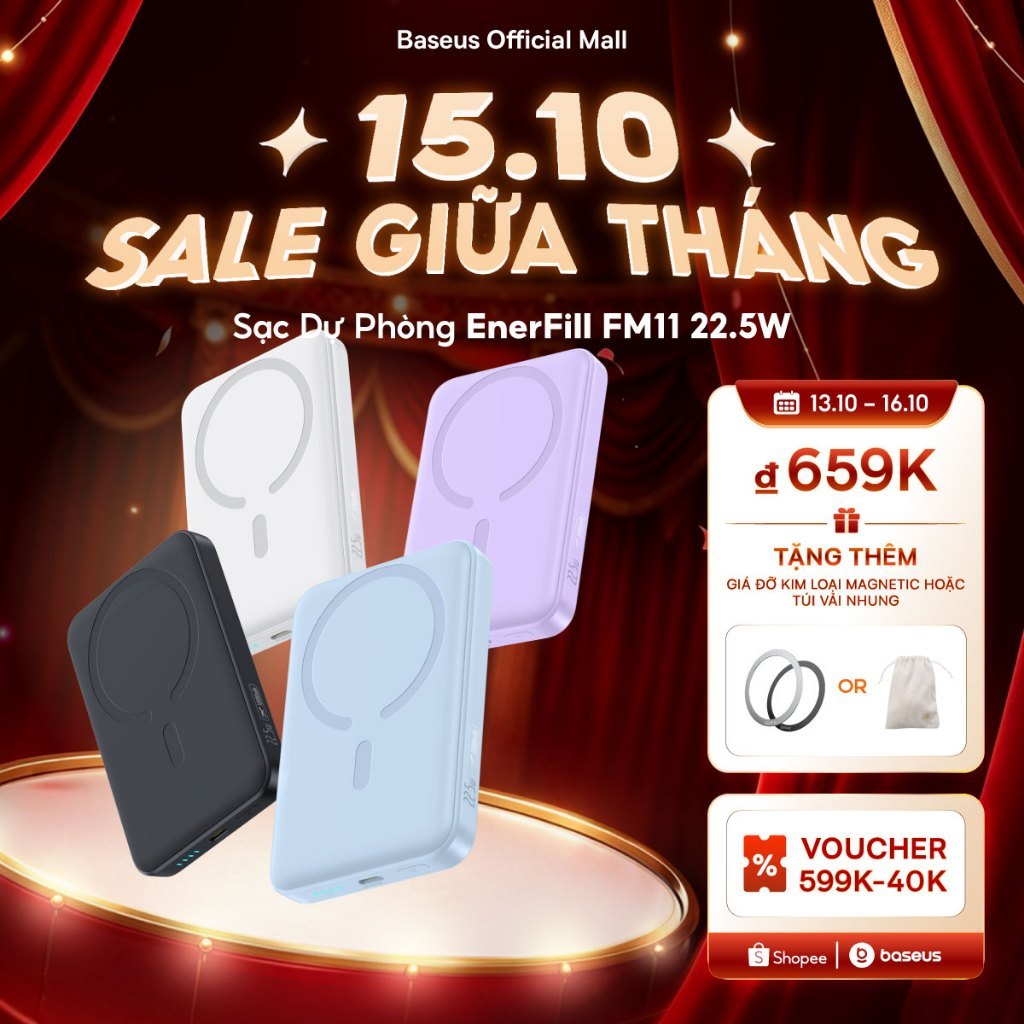 Pin sạc dự phòng không dây FM11 22.5W BASEUS 10000mah mini có nam châm thích…