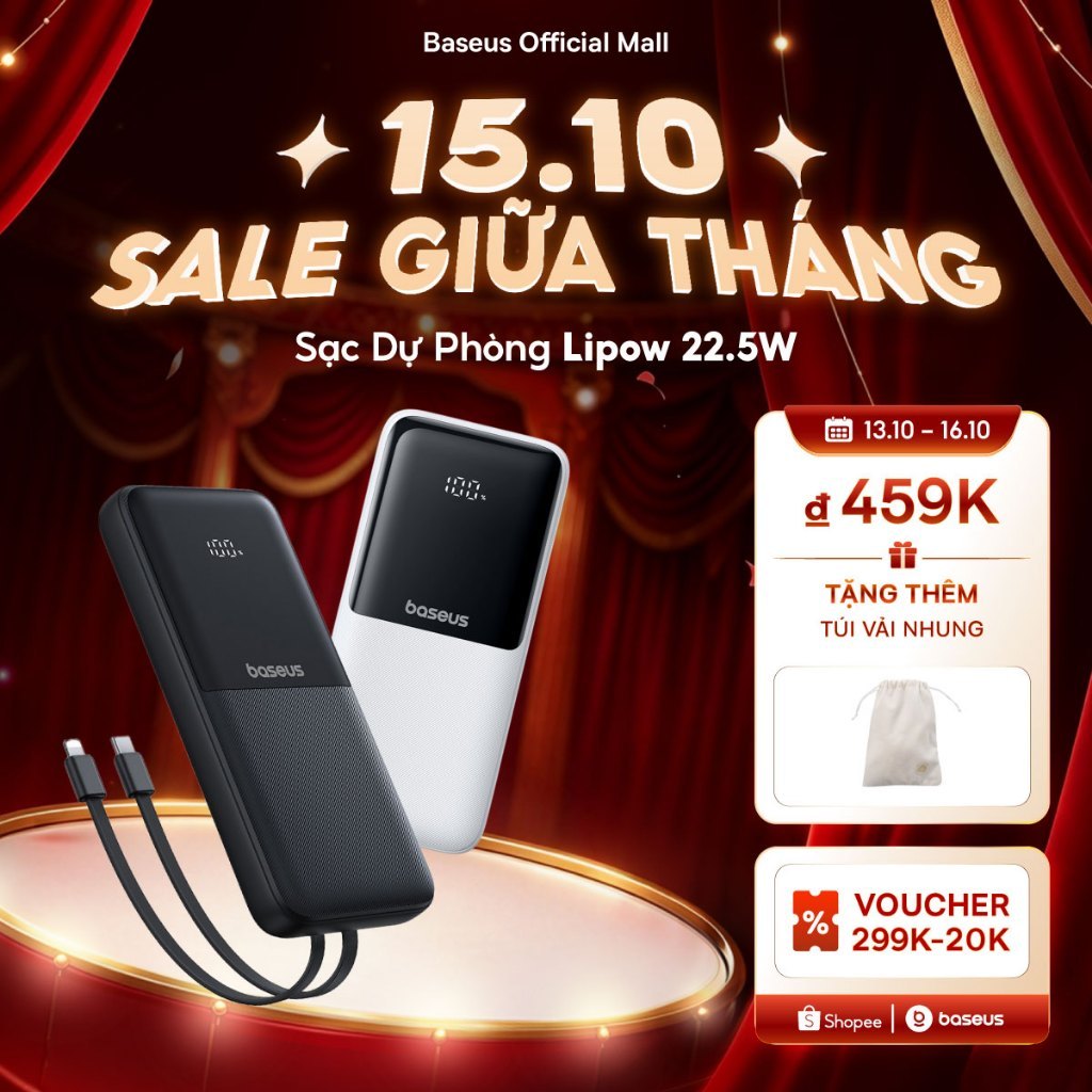 Sạc Dự Phòng Baseus Lipow 20000mAh – Cáp Kép, Màn Hình Kỹ Thuật Số, Công Suất…