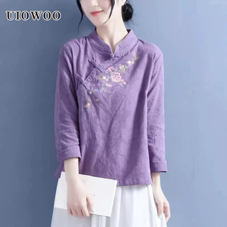 UIOWOO Áo Kiểu Cotton Lanh Cổ Đứng Tay Dài Cài Nút Thêu Họa Tiết Phong Cách Trung Hoa Cổ Điển Thời Trang Mùa Thu Cho Nữ