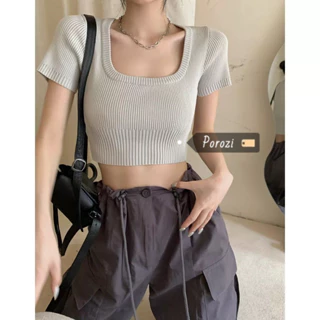 Porozi Áo Thun croptop Dệt Kim Tay Ngắn Cổ Vuông Dáng Ôm Thời Trang Mùa Hè Cho Nữ