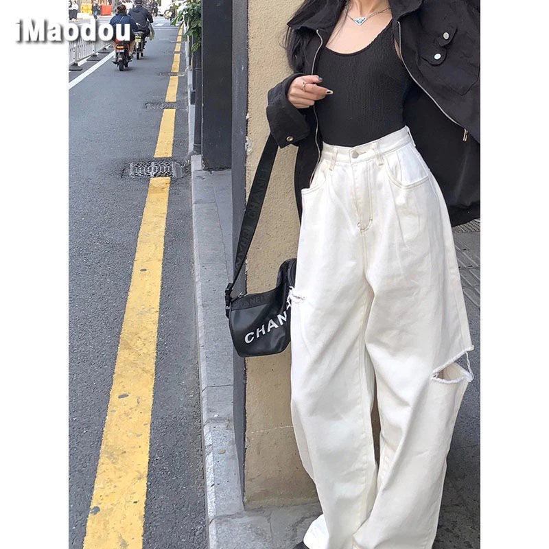 IMAODOU Quần jean  trắng ống rộng cạp cao thiết kế vết rách phong cách Hàn Quốc