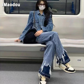 IMAODOU Quần denim Ống Rộng Phối Màu Sắc Tương Phản Thời Trang Cho Nữ