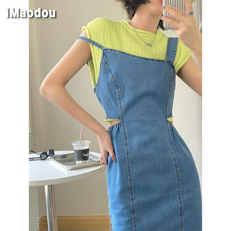 IMAODOU Đầm yếm denim  kiểu giản đơn dễ phối đồ cho nữ