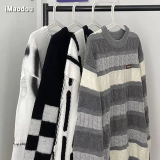 iMaodou Áo Sweater Cổ Tròn Họa Tiết Kẻ Sọc Thời Trang Thu Đông Cho Nam Nữ