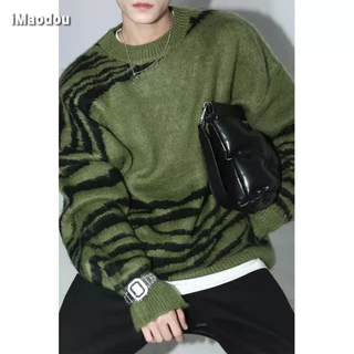 iMaodou Áo Sweater Dệt Kim Cổ Tròn Dáng Rộng In Họa Tiết Ngựa Vằn Kiểu Mỹ Thời Trang Thu Đông Cho Nam