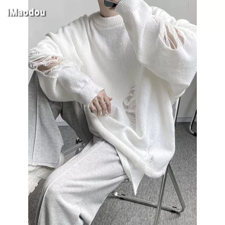 Áo sweater rách iMaodou dáng rộng thời trang thu đông phong cách Hồng Kông cho nam nữ