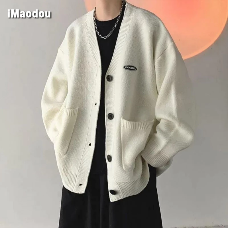 iMaodou Áo Khoác Len Cardigan Cổ Chữ v Dáng Rộng Thời Trang Mùa Thu Hàn Quốc Hàng Mới Dành Cho Bạn Nam