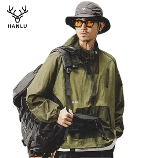 Áo khoác HANLU chống nắng tia UV có mũ trùm đầu phối màu tương phản phong cách cổ điển Nhật Bản dễ phối đồ cho nam