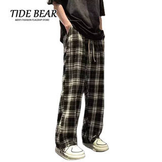 TIDE BEAR Quần Dài Ống Rộng Họa Tiết Sọc Caro Phong Cách retro Thời Trang Cho Nam