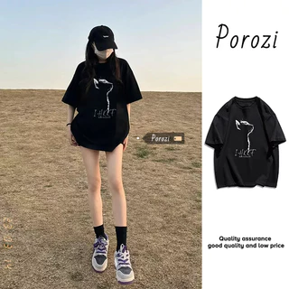 Porozi Thời trang hàn quốc mới của phụ nữ màu đen t-shirt lỏng lẻo trên vai tay ngắn mùa hè mỹ retro small top