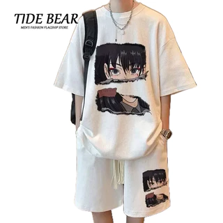 Bộ đồ TIDE BEAR dáng ngắn in hình hoạt hình thời trang mùa hè trẻ trung cho nam